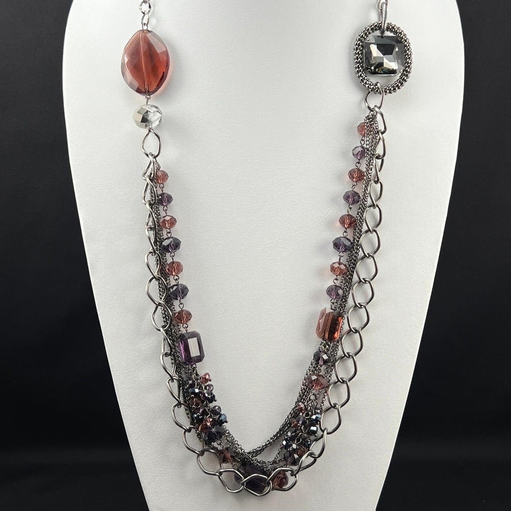 Long Layered Necklace Multi Strand Gunmetal Purple Grey Statement 34"